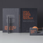 Opened Standing Hardcover Book Back View and Tape Dispenser Mockup