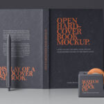 Opened Standing Hardcover Book Back View and Tape Dispenser Mockup