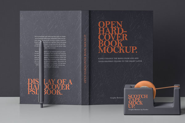 Opened Standing Hardcover Book Back View and Tape Dispenser Mockup
