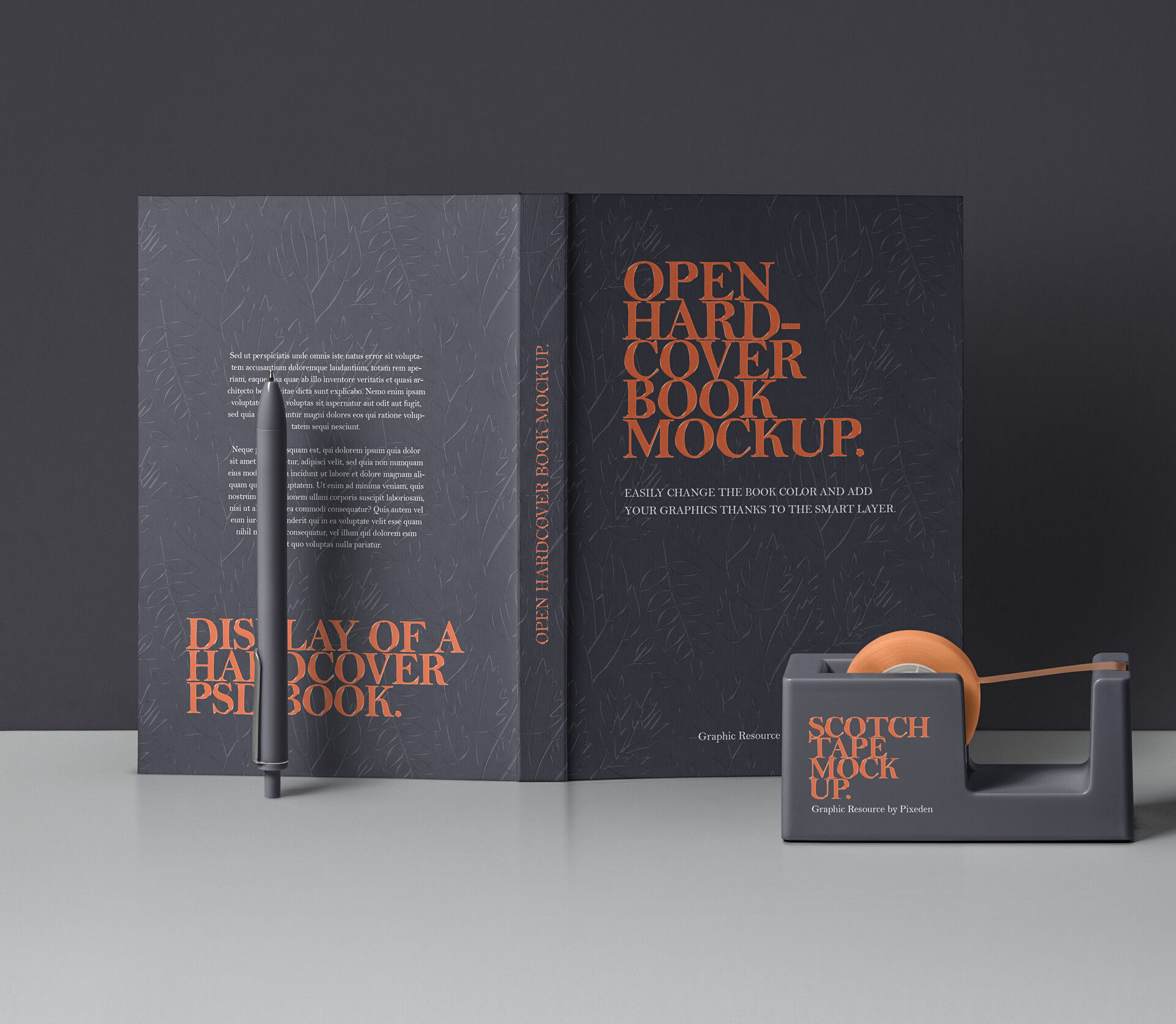 Opened Standing Hardcover Book Back View and Tape Dispenser Mockup FREE PSD