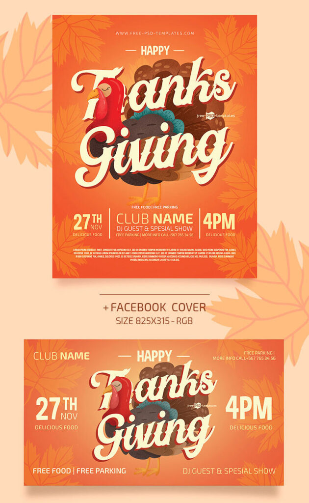 Orange, Illustrated Thanksgiving Party Flyer Template Along with Facebook Cover