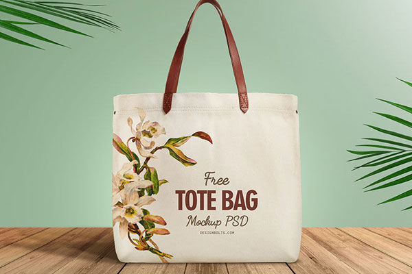 Organic Cotton Tote Shopping Bag on Wooden Surface Mockup