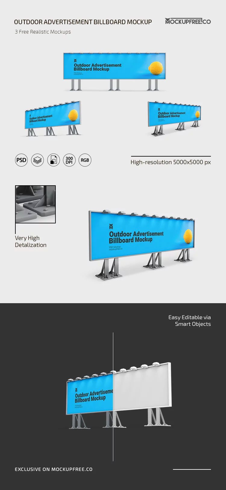 Free Outdoor Advertisement Billboard Mockup in 3 Sights PSD Template