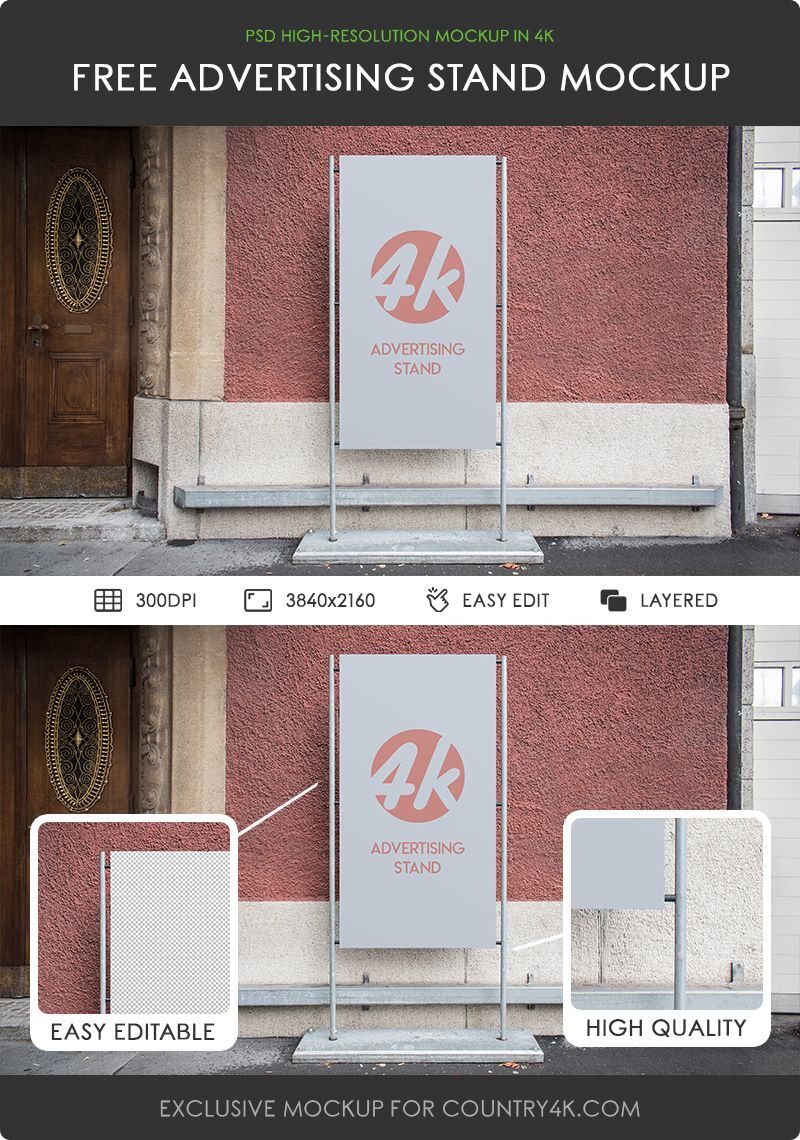 Outdoor Advertising Stand next to a Wall Mockup FREE PSD