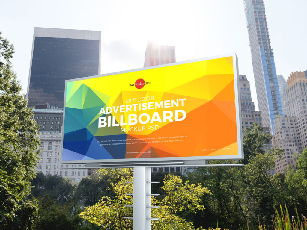 Outdoor, Horizontal, Metal Pole Advertising Billboard Mockup in Perspective