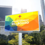 Outdoor, Horizontal, Metal Pole Advertising Billboard Mockup in Perspective