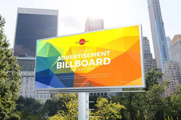 Outdoor, Horizontal, Metal Pole Advertising Billboard Mockup in Perspective