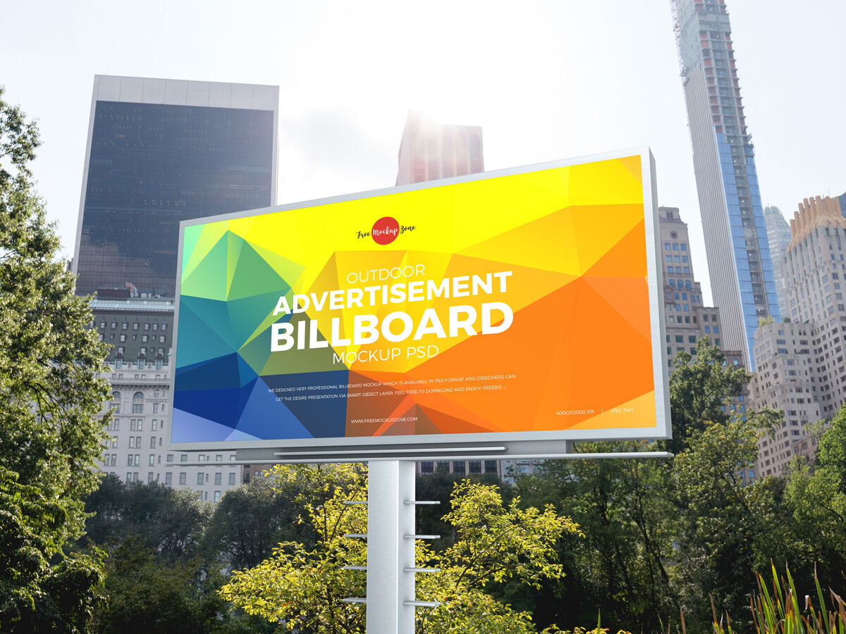 Outdoor, Horizontal, Metal Pole Advertising Billboard Mockup in Perspective FREE PSD
