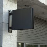 Outdoor Metallic Square Logo Sign Mockup on Building