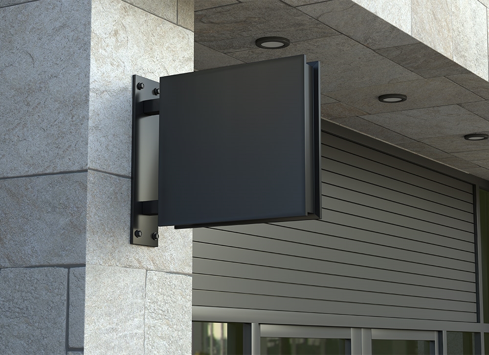 Outdoor Metallic Square Logo Sign Mockup on Building