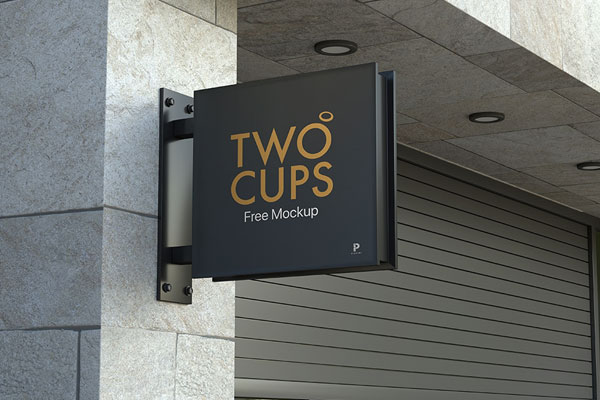 Outdoor Metallic Square Logo Sign Mockup on Building