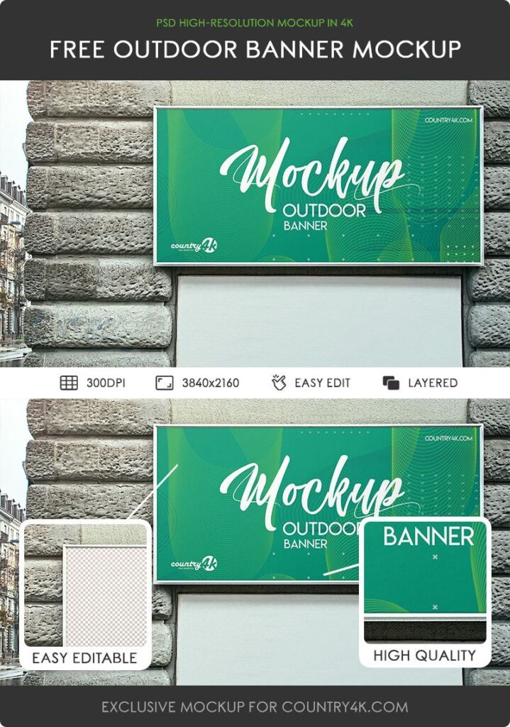 Outdoor Rectangle Banner on the Wall Mockup