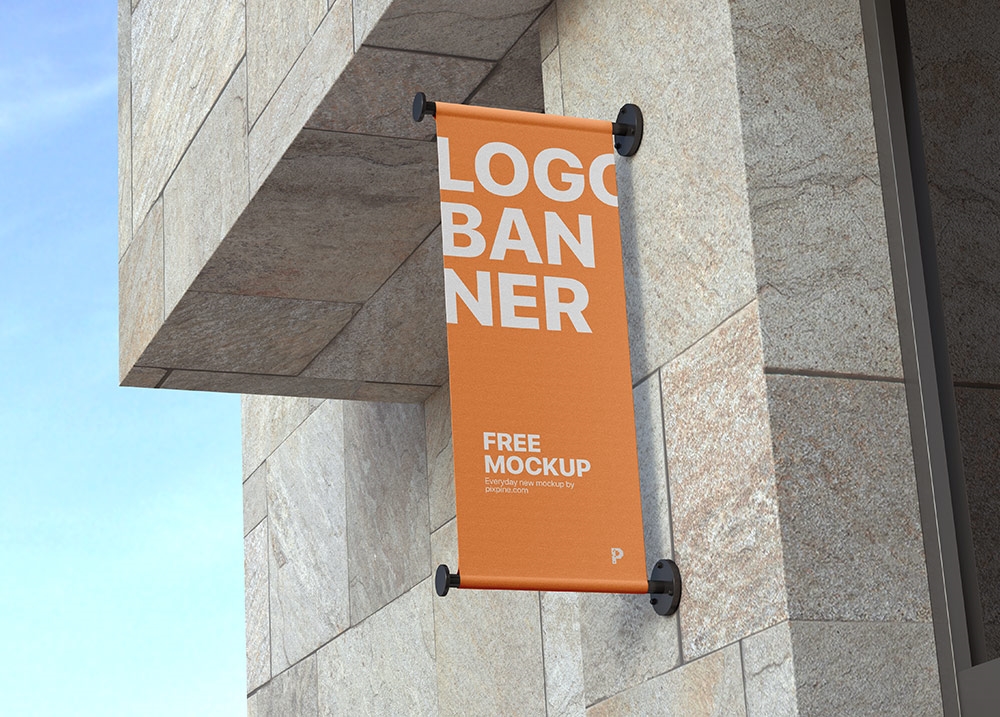Outdoor Wall Mounted Vertical Logo Banner Mockup