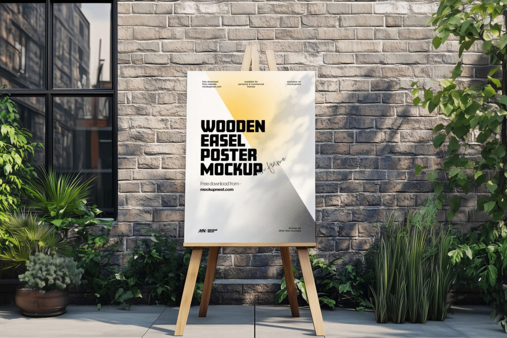 Outdoor Wooden Easel Poster Mockup