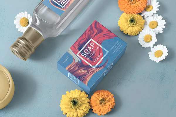 Overhead Soap Packaging with Flowers Mockup
