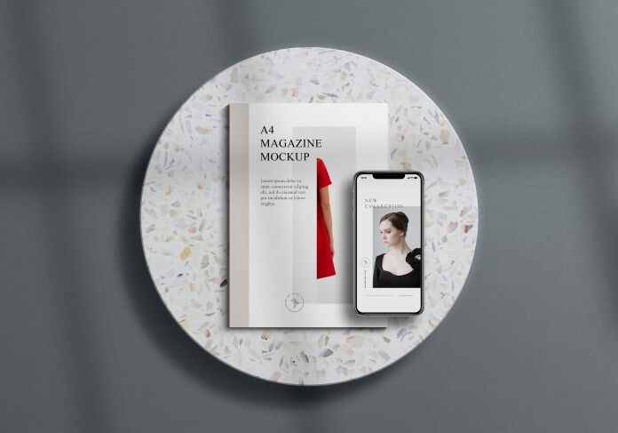 Overhead View A4 Magazine and iPhone Mockup