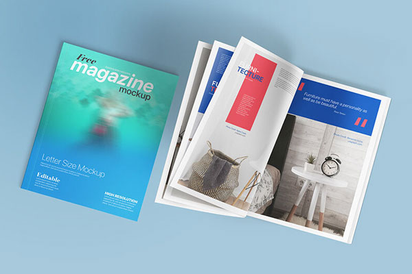 Overhead View of Closed and Opened Letter Size Magazines Mockup
