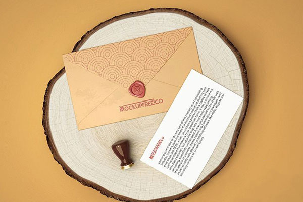 Overhead View of Envelope and Card on Wooden Log Mockup