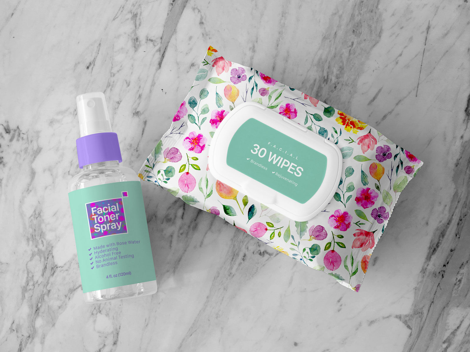 Overhead View of Facial Wipes and Toner Spray Bottle Mockup FREE PSD