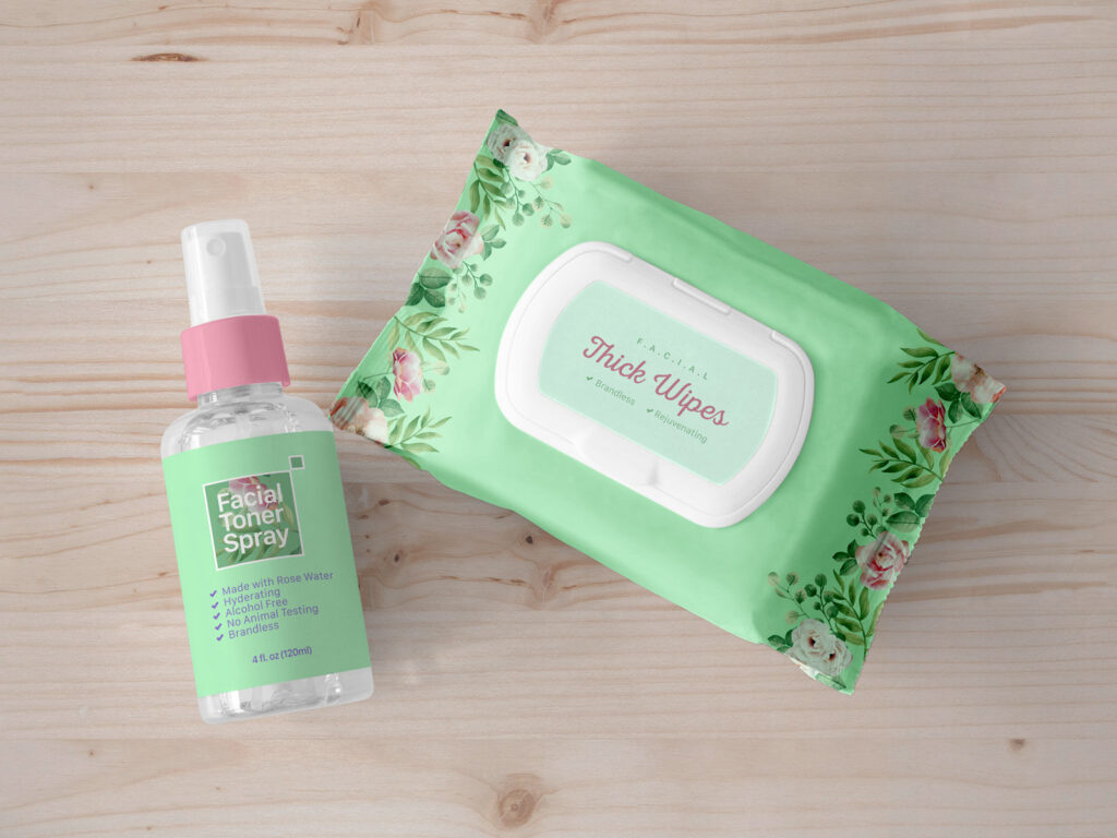 Overhead View of Facial Wipes and Toner Spray Bottle Mockup