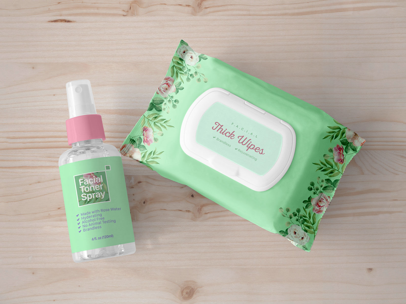 Overhead View of Facial Wipes and Toner Spray Bottle Mockup FREE PSD