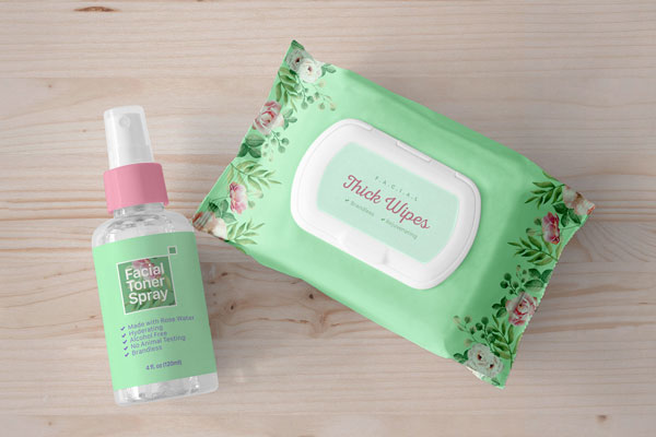 Overhead View of Facial Wipes and Toner Spray Bottle Mockup