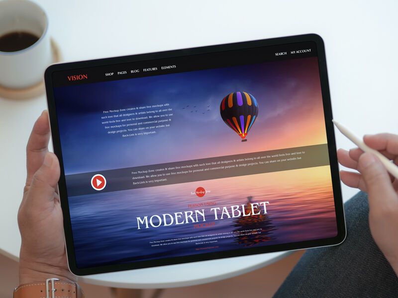 Overhead View of Hands Holding a Tablet Mockup