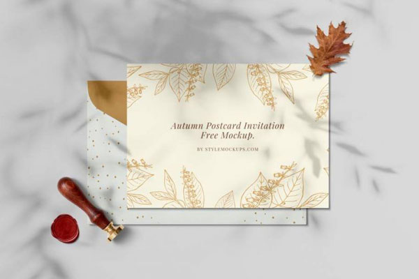 Overhead View of Invitation Postcard in Autumn Scene Mockup