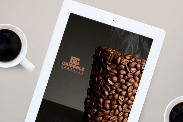 Overhead View of iPad with Two Cups of Coffee Mockup