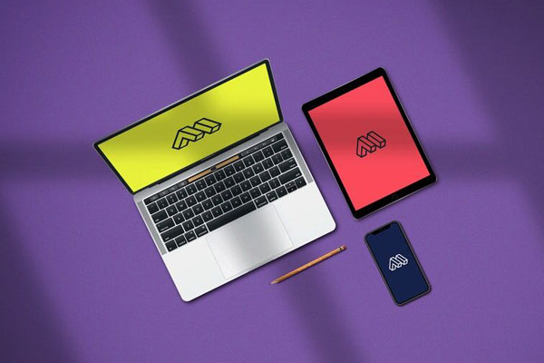 Overhead View of Laptop, Tablet, Smartphone with Overlaid Shadow Mockup
