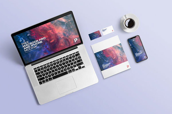 Overhead View of MacBook Pro, iPhone, Business Cards and Magazine Mockup