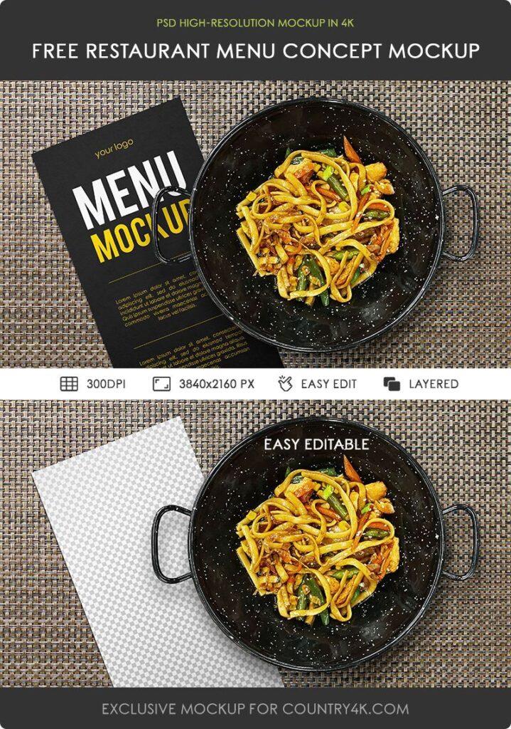 Overhead View of Restaurant Menu and a Dish Mockup