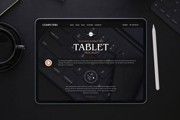Overhead View of Tablet Surrounded by Stationery Items Mockup