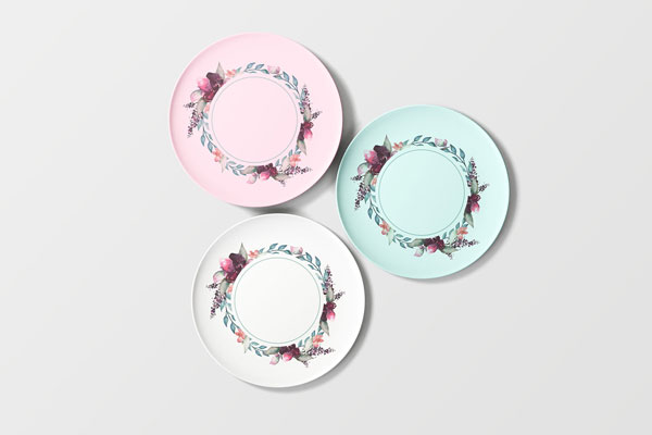 Overhead View of Three Round Floral Plates Mockup