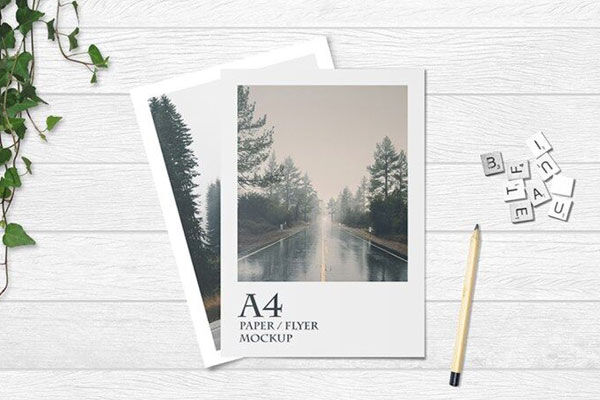 Overhead View of Two A4 Papers on White Wooden Texture Mockup