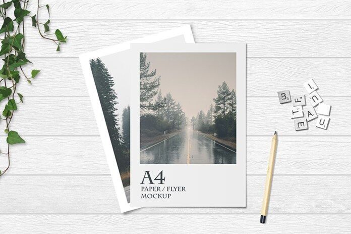 Overhead View of Two A4 Papers on White Wooden Texture Mockup