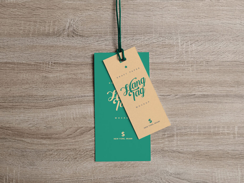 Overhead View of Two Cloth Tags on Wooden Surface Mockup