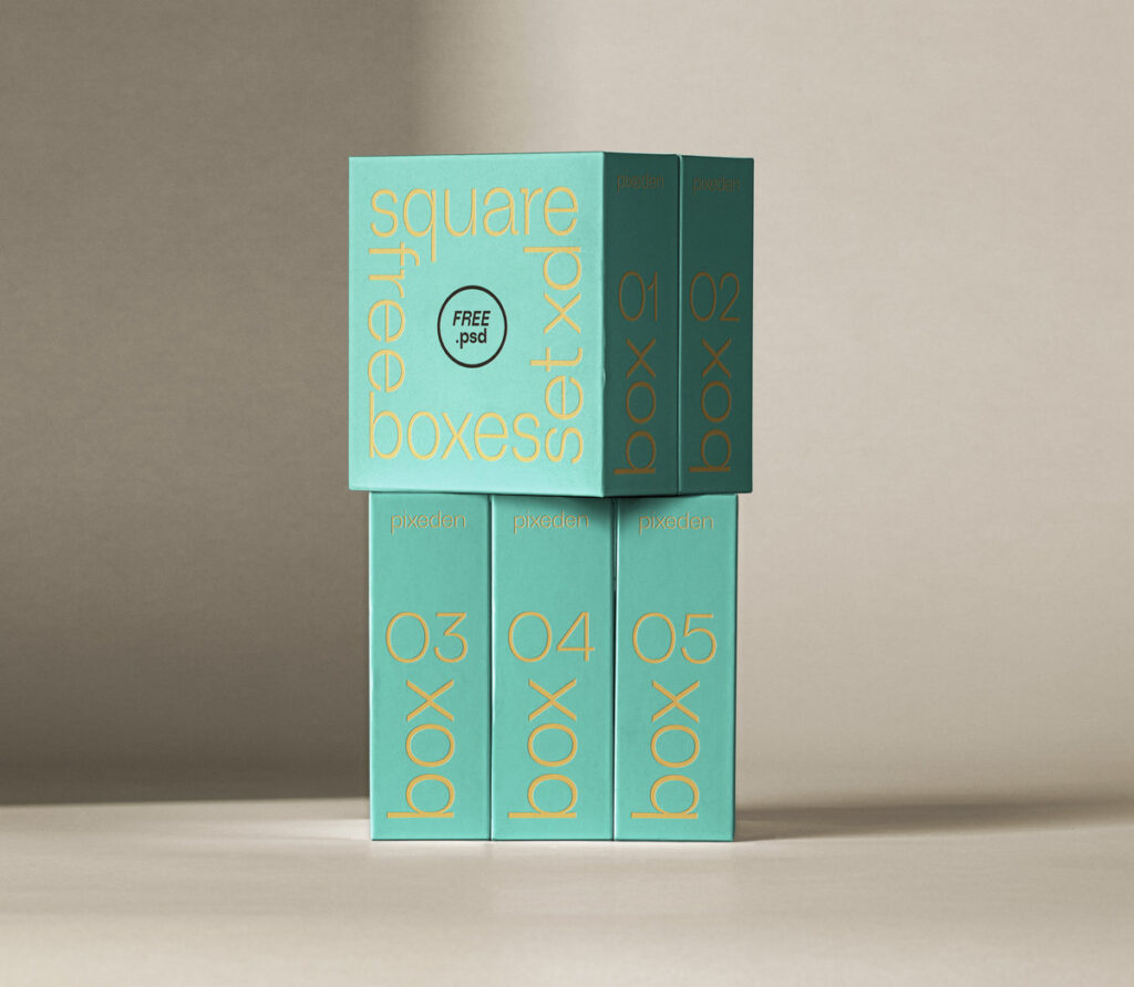 Packaging Mockup with 5 Square Boxes