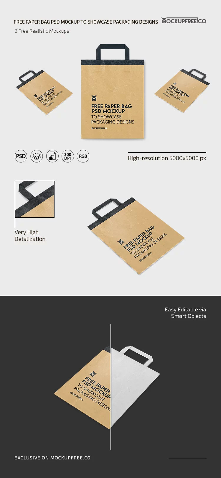 Free Paper Bag Mockup in 3 Sights PSD Template