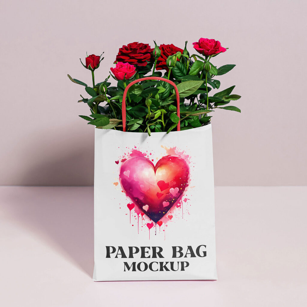 Paper Bag with Roses Mockup