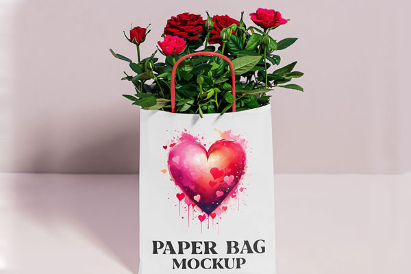 Paper Bag with Roses Mockup