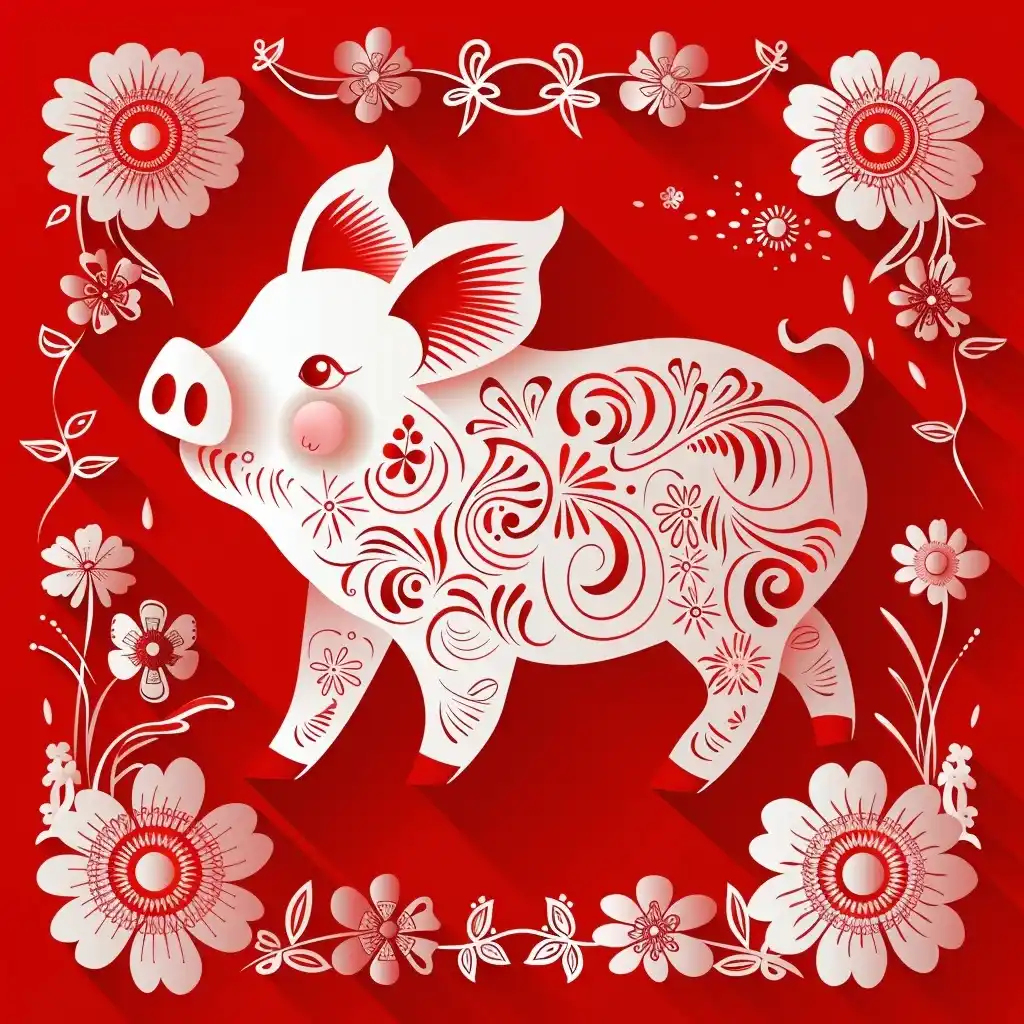 Paper Cut Pig with Floral Border