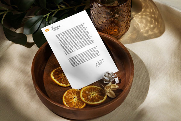 Paper Letterhead Mockup with Dried Orange in Perspective Sight