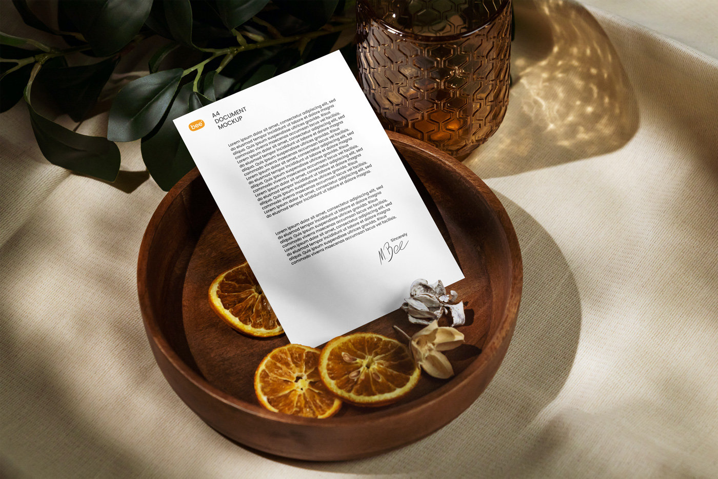 Paper Letterhead Mockup with Dried Orange in Perspective Sight FREE PSD