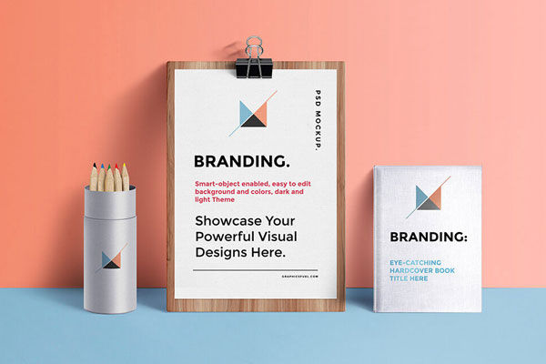 Paper on Clipboard, Poster and Bottle Filled with Pencils Mockup