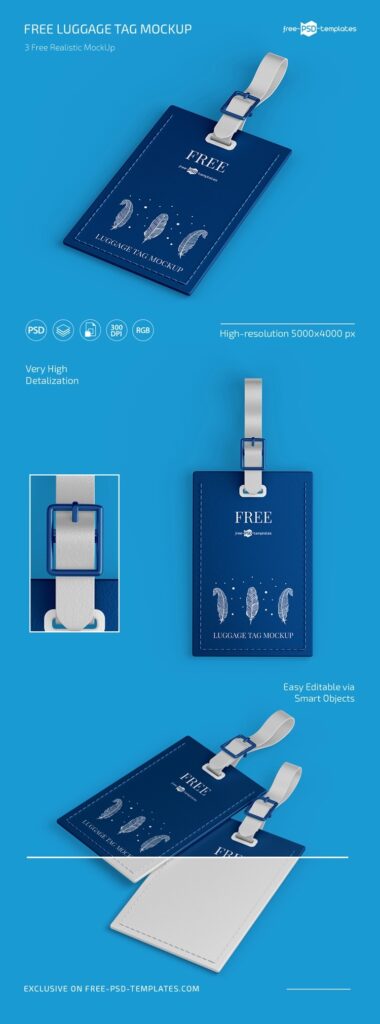 Perspective and Front View of 3 Luggage Tag Mockups