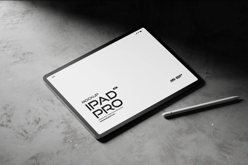 Perspective Shot of Apple iPad Pro Mockup with Pencil