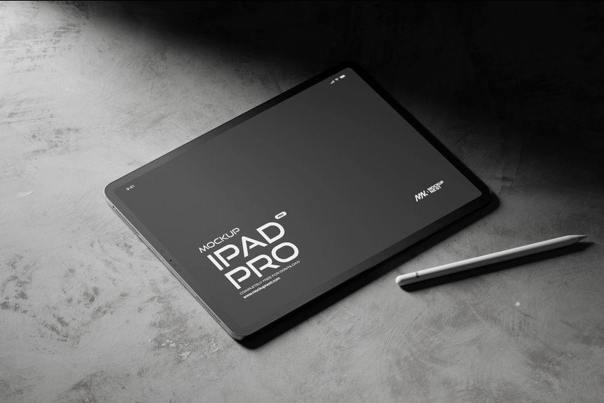Perspective Shot of Apple iPad Pro Mockup with Pencil