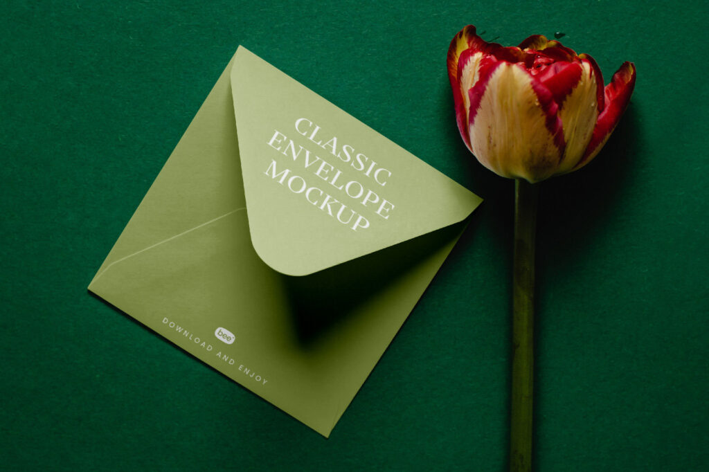 Perspective Shot of Envelope Mockup with Flower