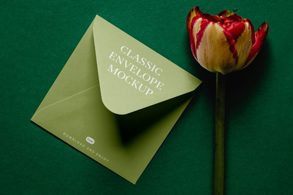 Perspective Shot of Envelope Mockup with Flower